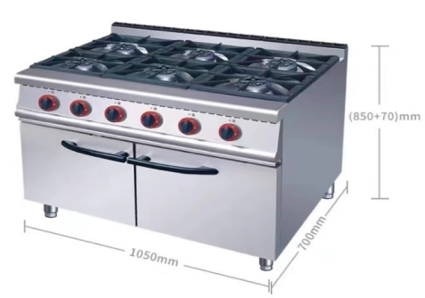Gas six head stove with electric oven and cabinet